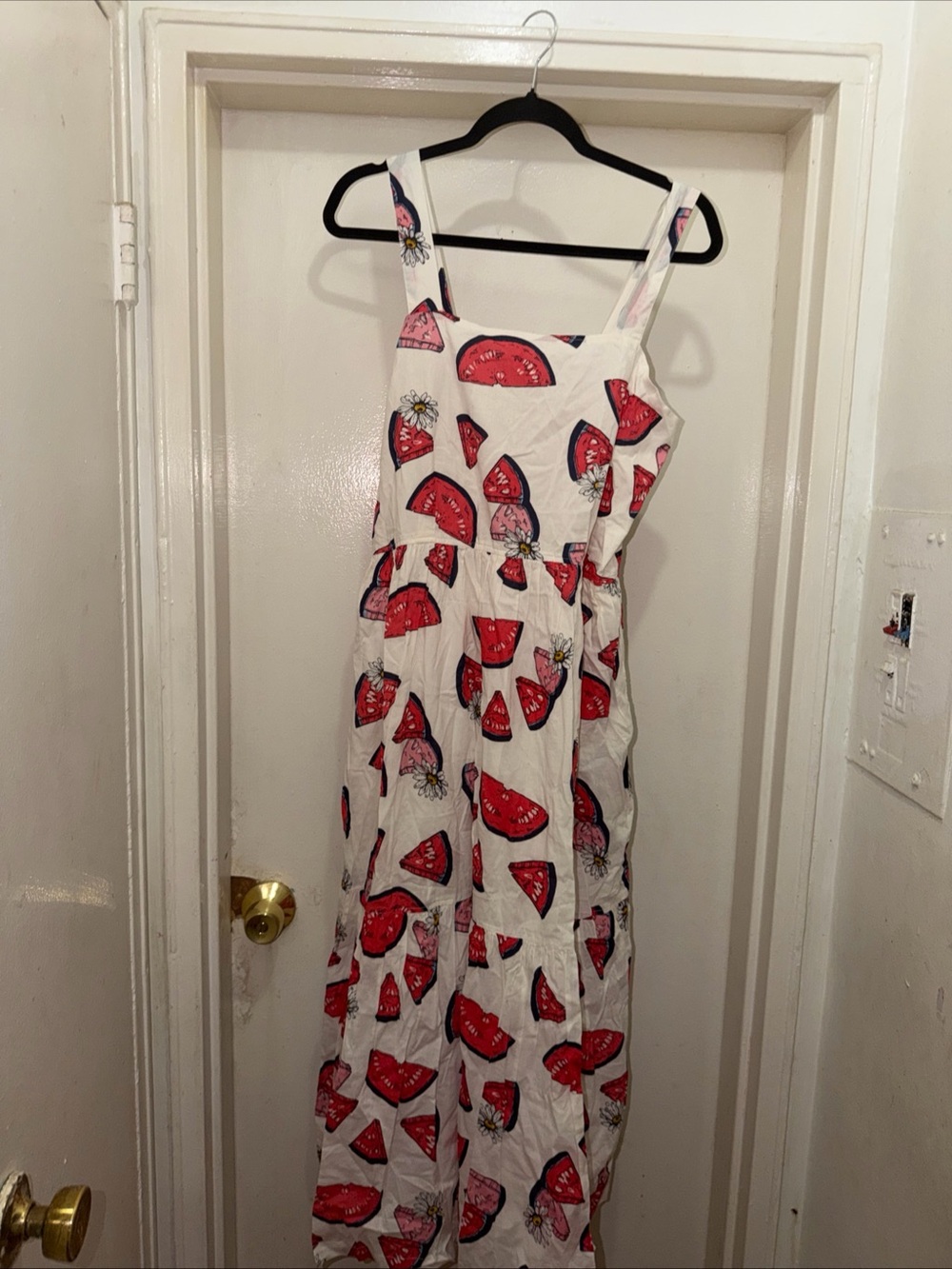 Pink Chicken White Maxi Dress with Red Watermelon Print